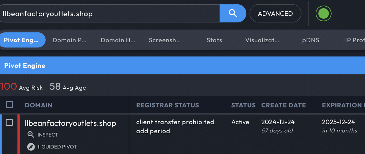 Screenshot from DomainTools Iris Investigate showing a create date of 2024-12-24.